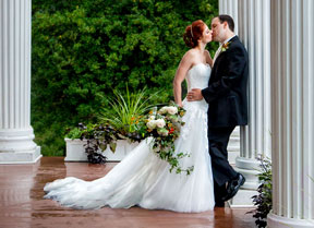 Photographic depiction of a couple's marriage formal in relevant attributes.