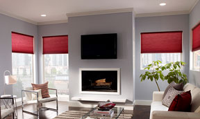 Room with modern appearance with windows & shades choice media room.